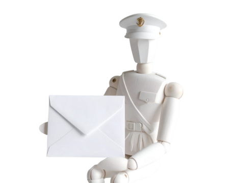 A white articulated mannequin dressed in a postman's uniform holds out a blank envelope.