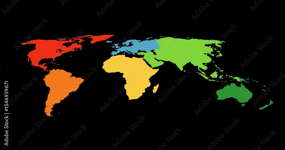 Poster animated design of a colorful world map formed by continents on a black background.