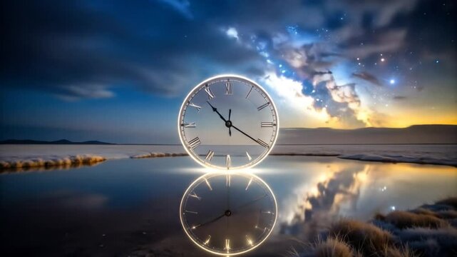 Timeless Echoes: A Luminous Clock Reflected in a Celestial Waterscape Dreamscape