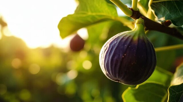 Close-up of ripe figs hanging on a branch with green leaves bathed in warm sunlight in the garden during the day.