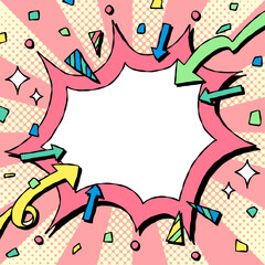 手書きのトゲトゲフレームとデコレーション、ポップな背景フレーム、サンバースト、矢印、紙吹雪、コミック風、正方形サイズ
