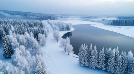 Obraz premium Aerial shot of a frozen river in a snow-covered forest, natural scenery