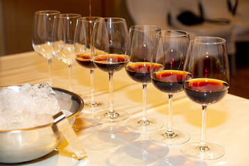Row of Red Wine Glasses Ready for Serving.