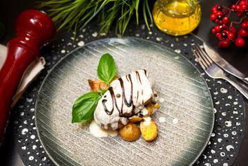 Gourmet steak with creamy sauce and potatoes.