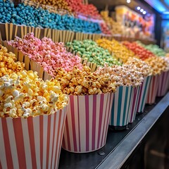 Wide shot of a popcorn bar with caramel, cheese, and rainbow flavors, striped paper cones, chaos 44,