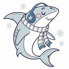 Frosty Winter colored Shark with a Shy touch, placed in a Cozy winter theme and styled with wearing headphones