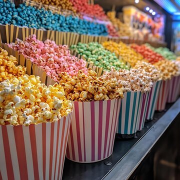 Wide shot of a popcorn bar with caramel, cheese, and rainbow flavors, striped paper cones, chaos 44,