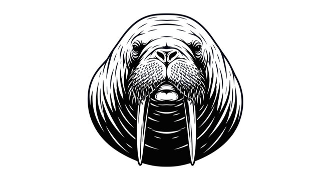 Detailed Black and White Illustration of a Walrus Head with Prominent Tusks on a Clean White Backdrop in a Classic Graphic Style
