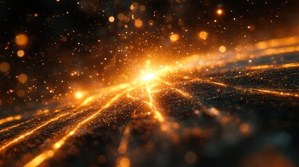 Golden cosmic panorama with shimmering particles and ethereal trails