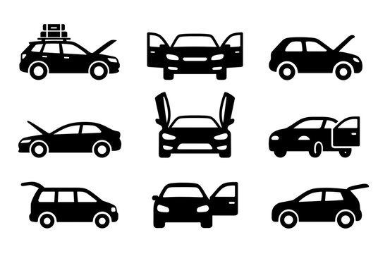 Car with open doors Silhouette Editable Icons set. Vector for web and app. Vehicle icons: sedan, SUV, hatchback, sports car, hood, trunk, roof rack, transport elements and more