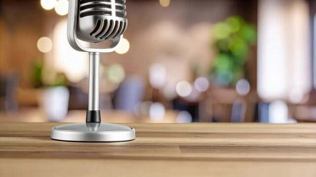 Vintage style microphone on a wooden table with blurred indoor background perfect for podcasting or recording studio design.
