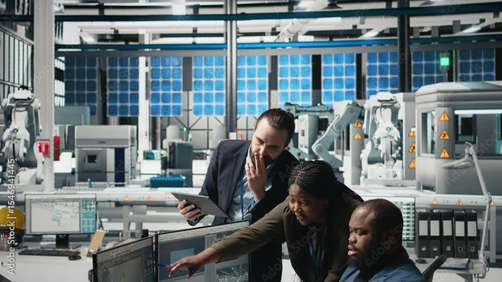 Poster black industry engineers team working together on solar panel systems during a production inspection