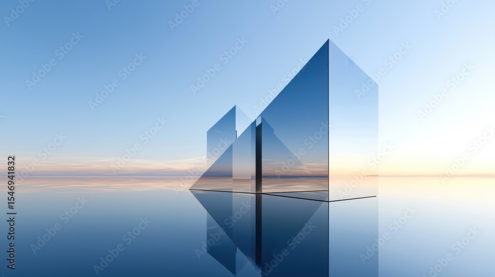Poster a minimalist modern glass structure reflected in a serene mirror like body of water creating a visua