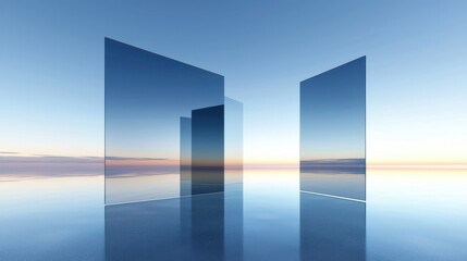 Minimalist glass structures reflecting the tranquil sunset sky and calm water surface creating a serene symmetrical composition