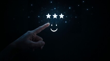 Hand pointing to holographic facial expression, 5 five star rating system,connection,magic,night