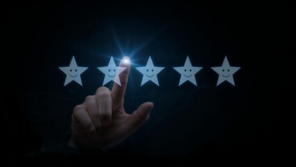 Hand pointing to holographic facial expression, 5 five star rating system,