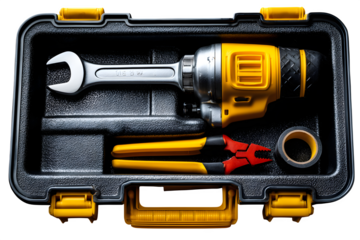 Top view of open toolbox containing adjustable wrench, tape, and pliers, styled for workshop or home repair visuals, transparent to transparent background