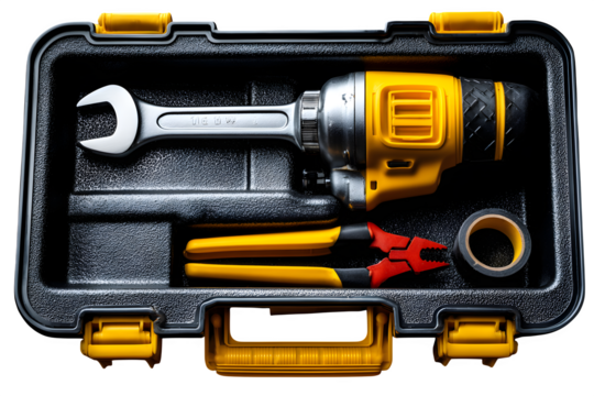 Top view of open toolbox containing adjustable wrench, tape, and pliers, styled for workshop or home repair visuals, transparent to transparent background