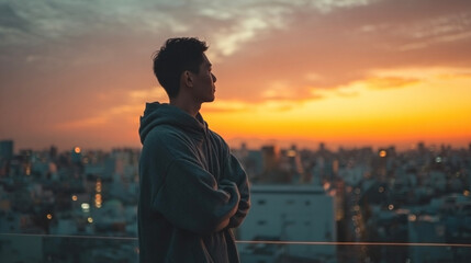 Fototapeta premium 夕焼けをバックの男性