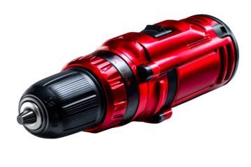 Red cordless power drill angled slightly upward, single tool render with reflective metal details, ideal for repair or home DIY visuals, transparent to transparent background