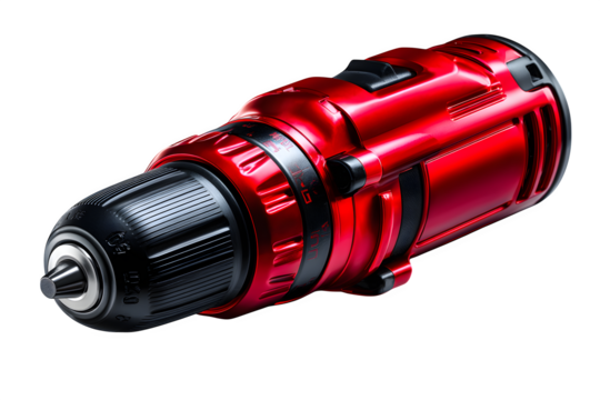 Red cordless power drill angled slightly upward, single tool render with reflective metal details, ideal for repair or home DIY visuals, transparent to transparent background