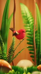 Red Bird in Lush Green Animated Scene