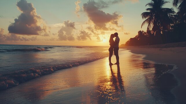 Silhouettes of lovers kissing at sunset on a tropical beach.