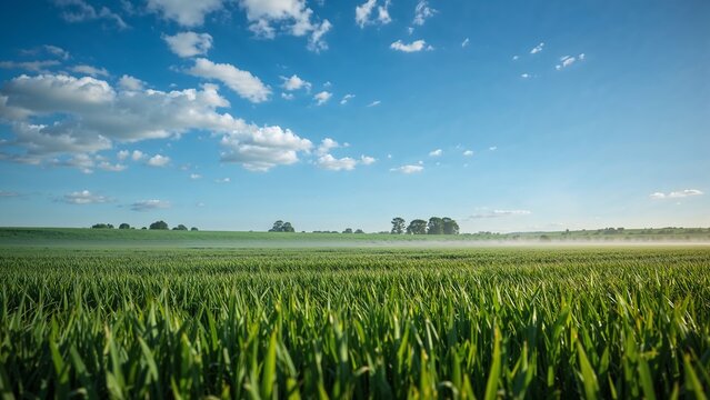 Lush green meadow landscape in the morning, clear sky with few clouds, wide angle,sun,green,nature - Powered by Adobe