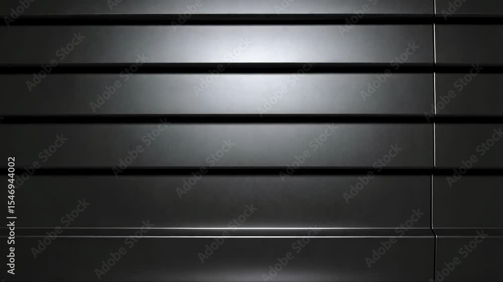 Poster dark metal paneling with horizontal parallel lines and seams casting light and shadows on the surfac