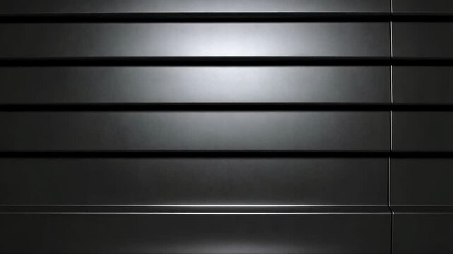 Dark metal paneling with horizontal parallel lines and seams casting light and shadows on the surface creates a modern industrial texture.