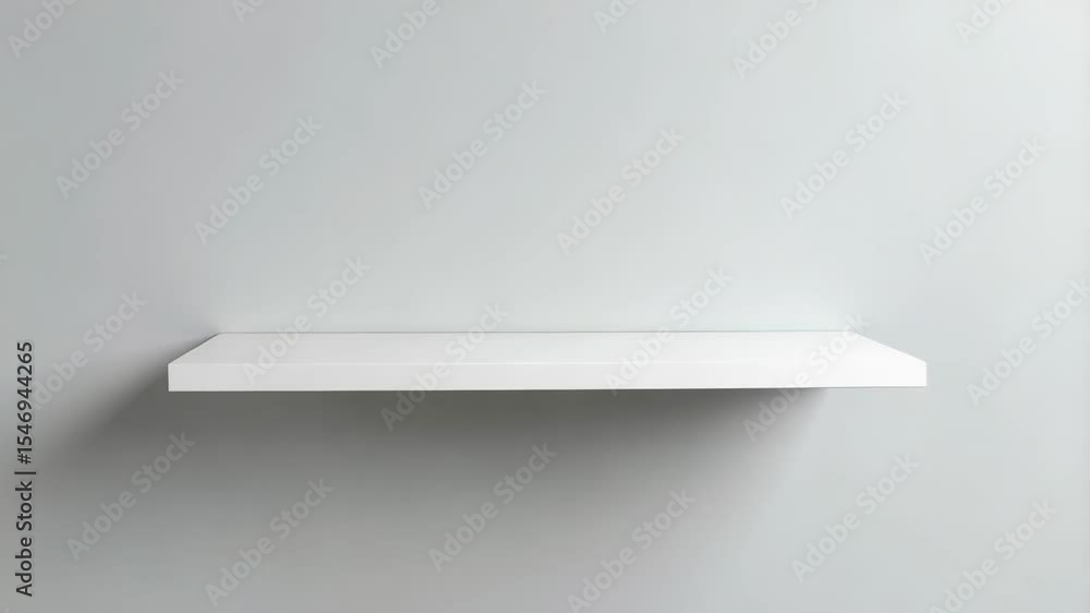 Aufkleber simple floating white shelf affixed to light gray wall with subtle shadow adding depth, minimalist c