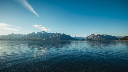 Wide lake view with mountains in the distance in the afternoon sun,dawn,wave,sky