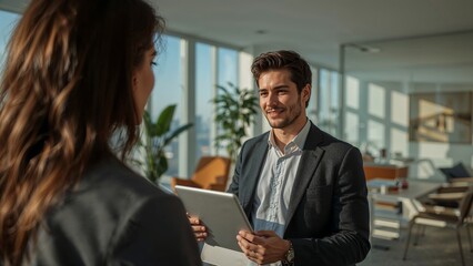 Consultation between two people (seen man with tablet), professional and relaxed atmosphere,professional,person,laptop