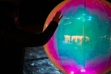 hand touch connect colourful ball sphere night dark vivid