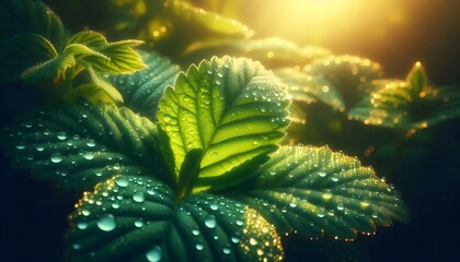 Close-up of fresh dew drops on bright green leaf surface in warm morning light, realistic macro nature photography.