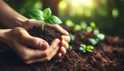Under tree-filtered sunlight, a small green plant is gently held by caring hands, symbolizing growth and environmental care.