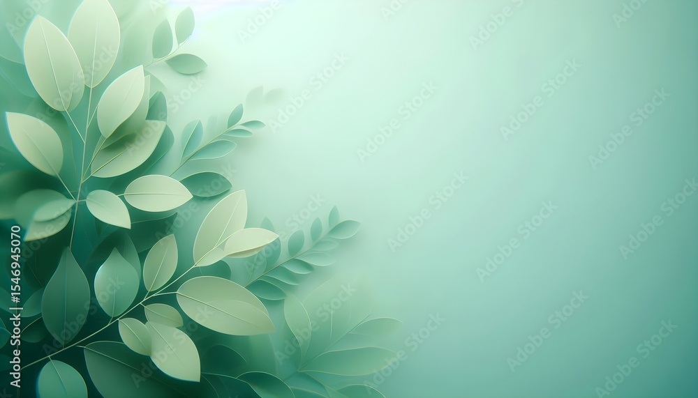 Poster soft green abstract background with blurred tropical leaves framing a smooth empty center space for 