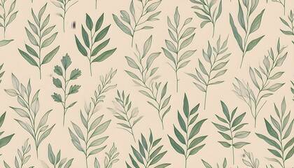 Fototapeta premium Stylized botanical artwork of green leaves drawn in line art over soft neutral beige, ideal for nature-inspired wallpaper.