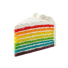 Slice of rainbow layered cake topped with white frosting
