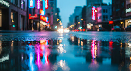 Night City Street with Neon Lights Reflections on Wet Pavement