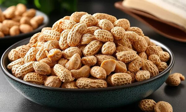 Roasted peanuts in shell served in bowl, close-up, for a delicious snack concept