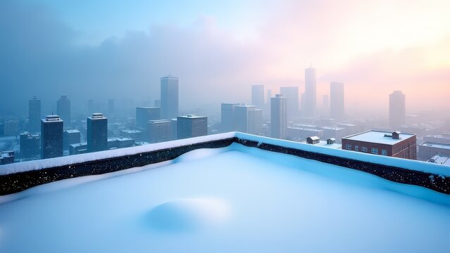 Snowy rooftop cityscape at winter dawn
