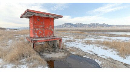 Fototapeta premium Red Shed on Platform in Winter Landscape with Mountains