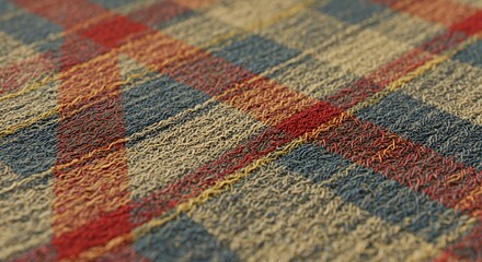 Close-up of Textured Fabric with Red, Beige, and Gray Plaid Pattern