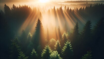 Aerial forest view with gentle sun rays breaking through morning haze above green trees in calm wilderness silence.