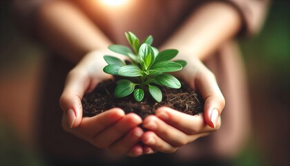 In gentle light, a vibrant green seedling is supported by human hands over soil background, evoking hope and nature.