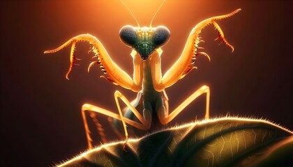 Tiny green mantis stands still in high alert on sharp leaf edge with glowing backlight and dramatic body tension.