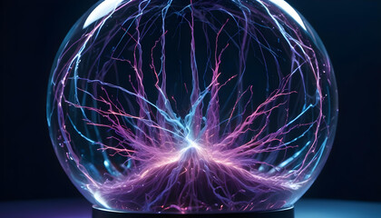 Glowing plasma threads inside a glass sphere.