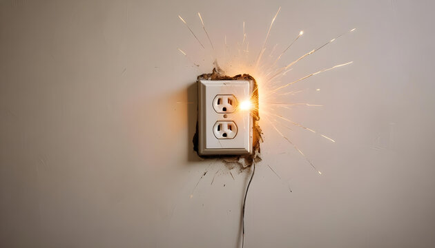 Sparks fly from a damaged electrical socket in a wall.