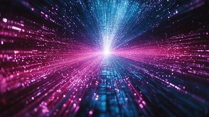 Naklejka premium Dynamic neon red and blue particle beams radiating from center, abstract energy flow for sci-fi digital art, futuristic poster backgrounds and VR interfaces